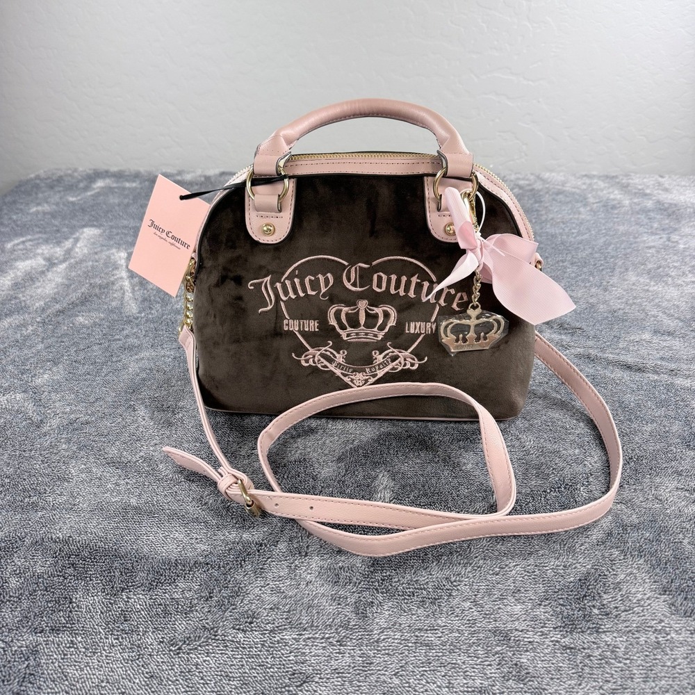 Juicy Couture Girlie Royalty Satchel Chocolate Brown Pink Velour NWT $89.00